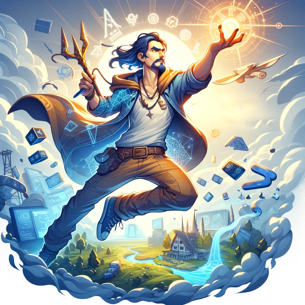 Game Developer holding a light bulb in one hand and a trident in the other. is creating a new world around himself.